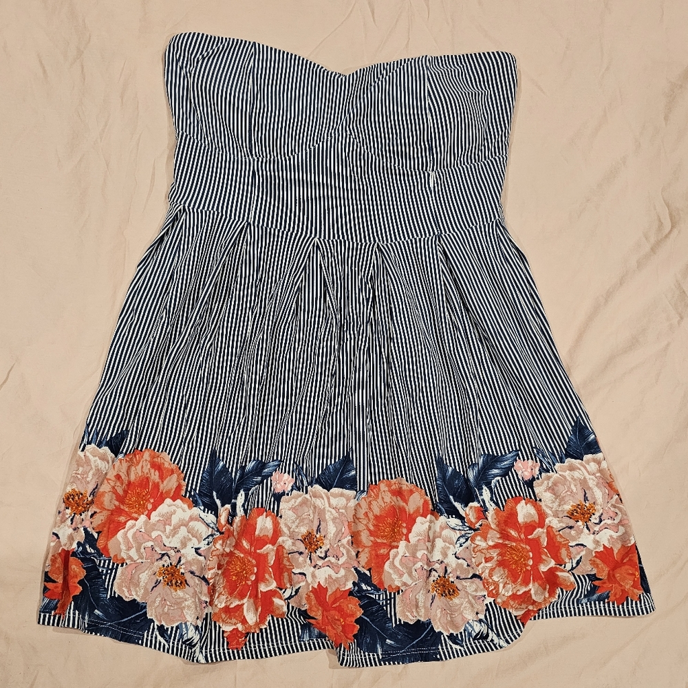 No Boundaries Blue and White Striped Strapless Mini Sundress with Flowers (XL)